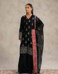 Buy monochrome kurta set women online - black 3 piece embroidered lawn suit unstitched red dupatta