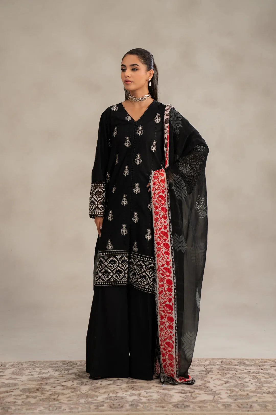 Buy monochrome kurta set women online - black 3 piece embroidered lawn suit unstitched red dupatta