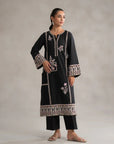Buy monochrome outfits Karachi - black 2 piece embroidered lawn suit pink floral work Pakistan