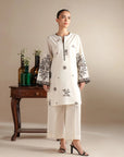 Buy monochrome outfits Karachi - white 2 piece embroidered lawn suit black floral work Pakistan