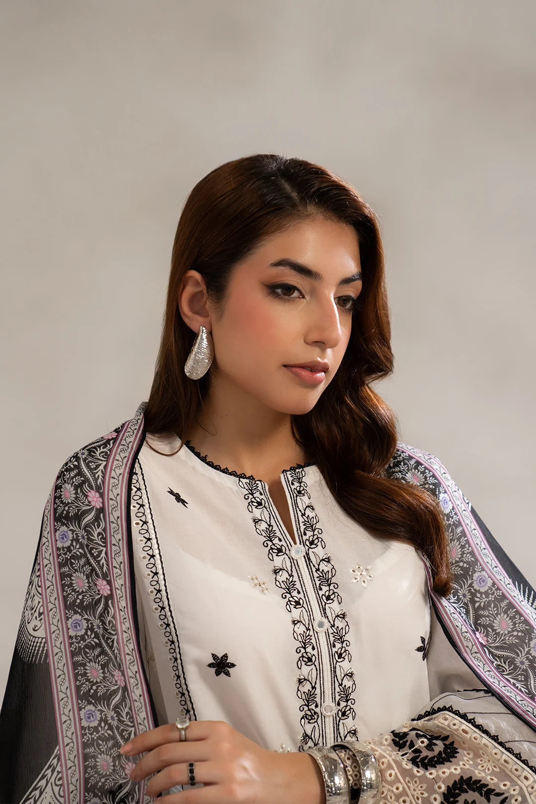 Buy monochrome outfits women - white black dress embroidered 3 piece lawn suit unstitched