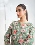 Buy online 2-piece green printed linen suit for ladies, perfect for a classy look