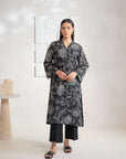 Buy online women’s printed Karandi shirt in black and white, showcasing an elegant silhouette