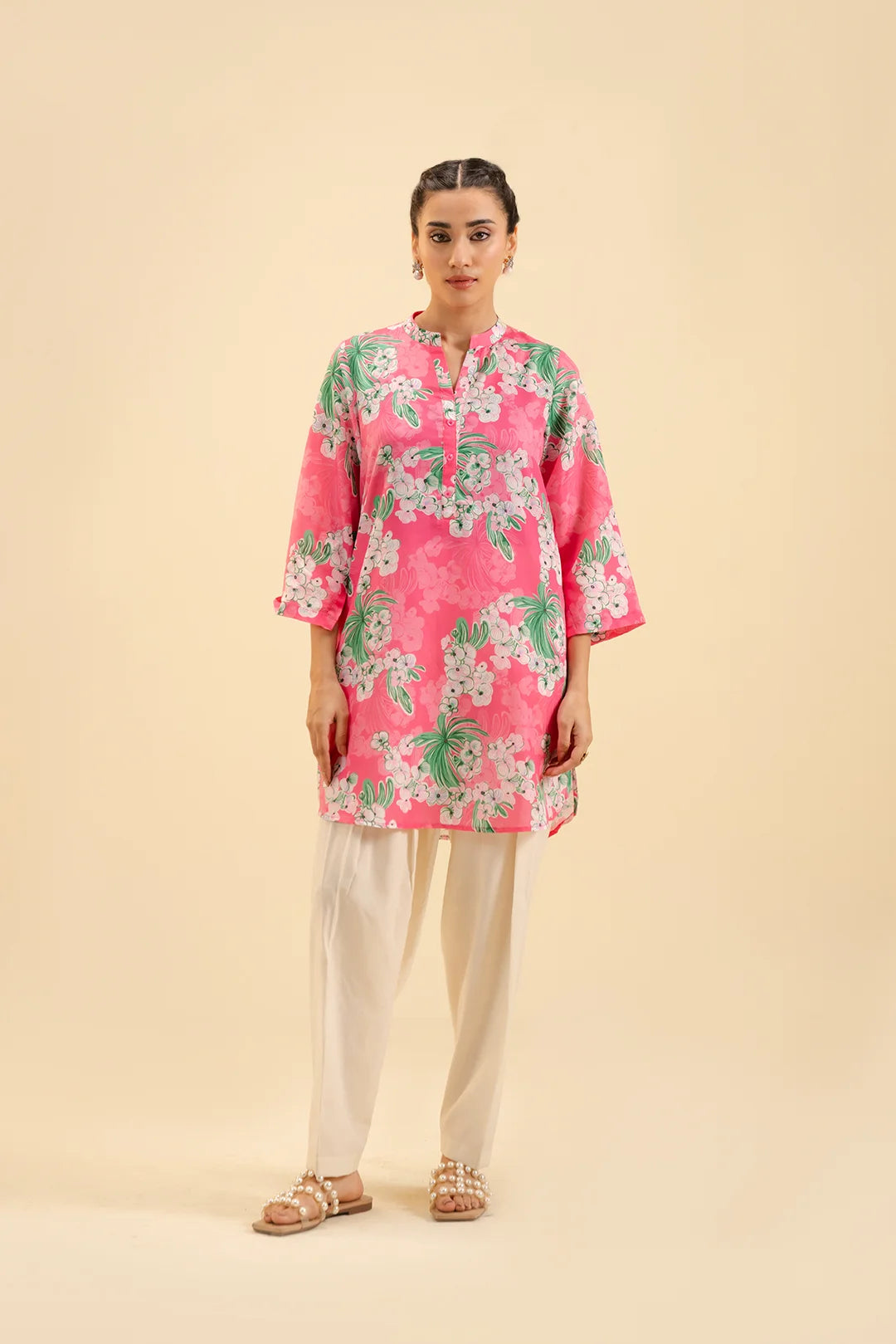 Buy pink floral cambric shirt – stylish summer kurti for women in Pakistan.