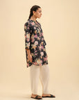 Buy printed cambric kurta online – stylish black floral design for ladies.