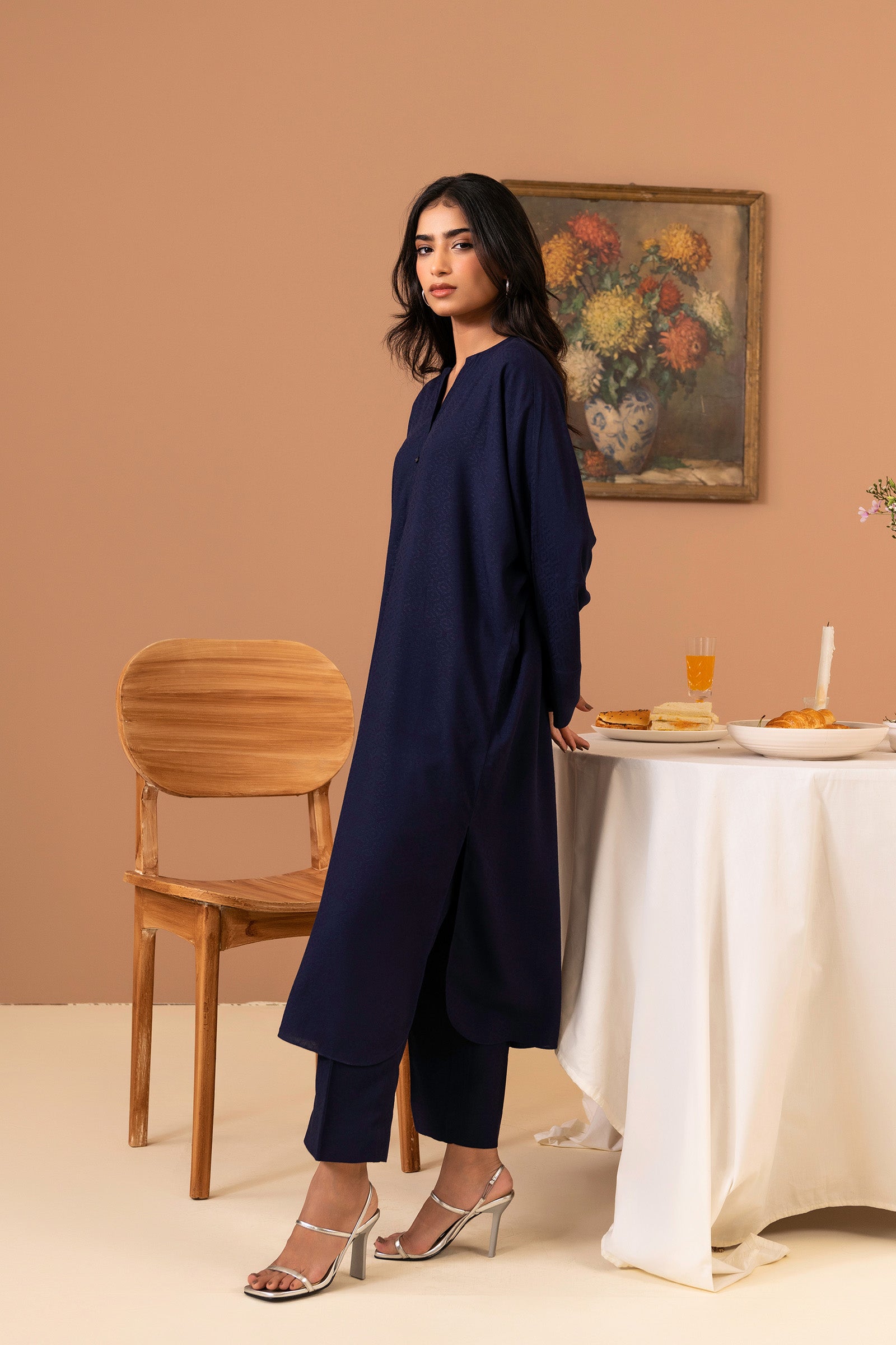 Buy solid prussian blue 2-piece suit for women online, featuring a long shirt and straight trousers