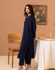Buy solid prussian blue 2-piece suit for women online, featuring a long shirt and straight trousers