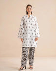 Buy white 1 piece printed lawn shirt online - monochrome Pakistani kurta with black rooster print