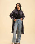 Buy women's long button-down shirt – stylish black striped mid-length top.