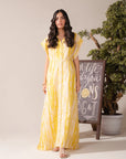 Casual yellow printed lawn maxi dress for girls – perfect Pakistani summer wear