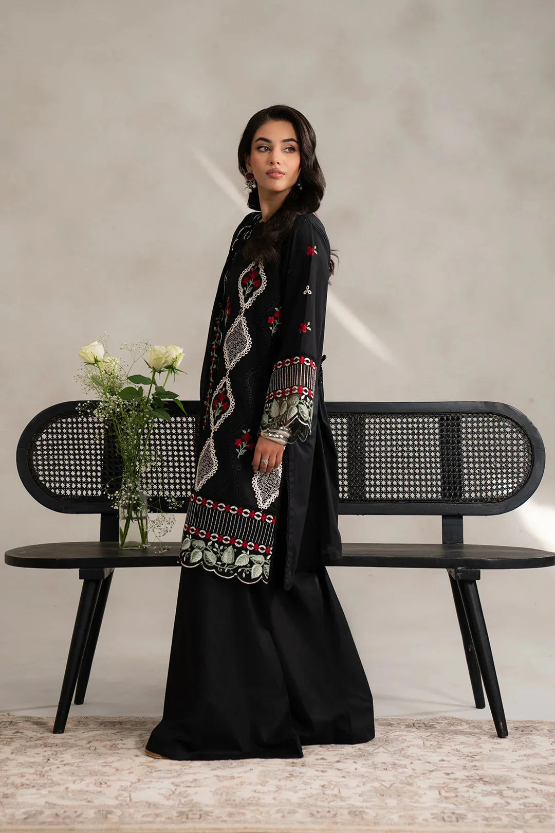 Check black embroidered lawn fabric set unstitched - 3 piece monochrome Pakistani suit material