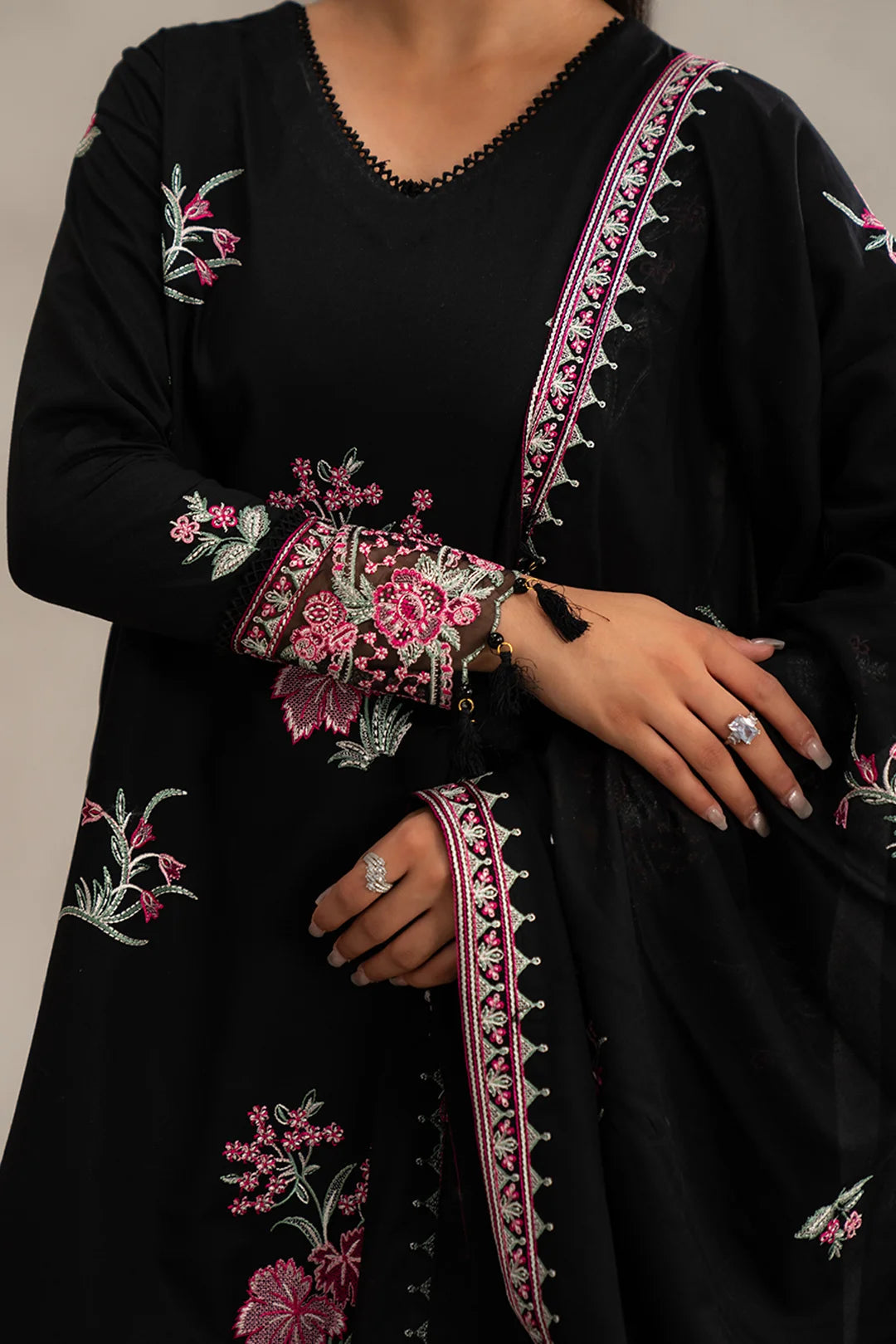 Check monochrome embroidered dress fabric - black 3 piece Pakistani lawn suit pink floral work