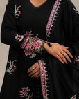 Check monochrome embroidered dress fabric - black 3 piece Pakistani lawn suit pink floral work