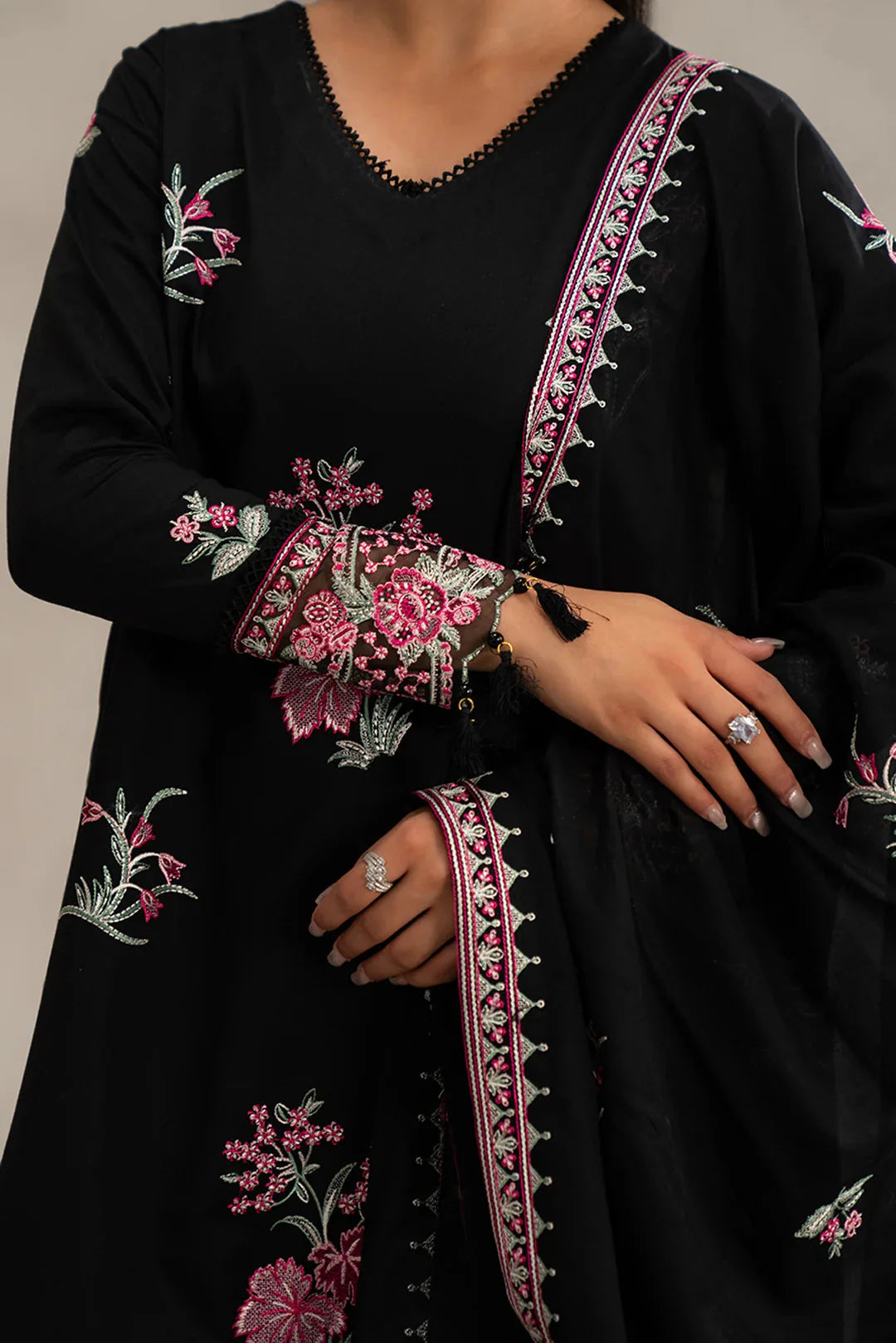 Check monochrome embroidered dress fabric - black 3 piece Pakistani lawn suit pink floral work