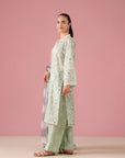 Chic 3-piece lawn suit with delicate organza embroidery and digital prints, tailored for women in Rahim Yar Khan's F-Block Pakistan