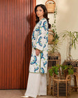 Classic white and blue digital printed kurta - trendy Pakistani women's clothing for everyday wear.