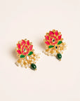 Close-up lotus chandbali earring red center green petal stone detail pearl latkan traditional Pakistani
