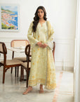 Yellow 3 piece unstitched lawn suit women summer Eid wear long frock style Pakistan Beyond East 2026