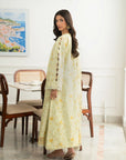 Pastel yellow lawn suit v-neck gold embroidery detail 3 piece unstitched Pakistan summer 2026 Beyond East