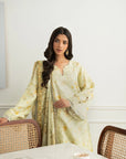 3 piece unstitched lawn suit pastel yellow floral print gold embroidery summer 2026 Pakistan Beyond East Meher Vol 2