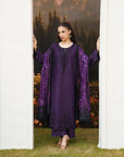 A woman models a deep purple traditional outfit with matching embroidered sheer sleeves, standing in a doorway with a scenic mountain backdrop.