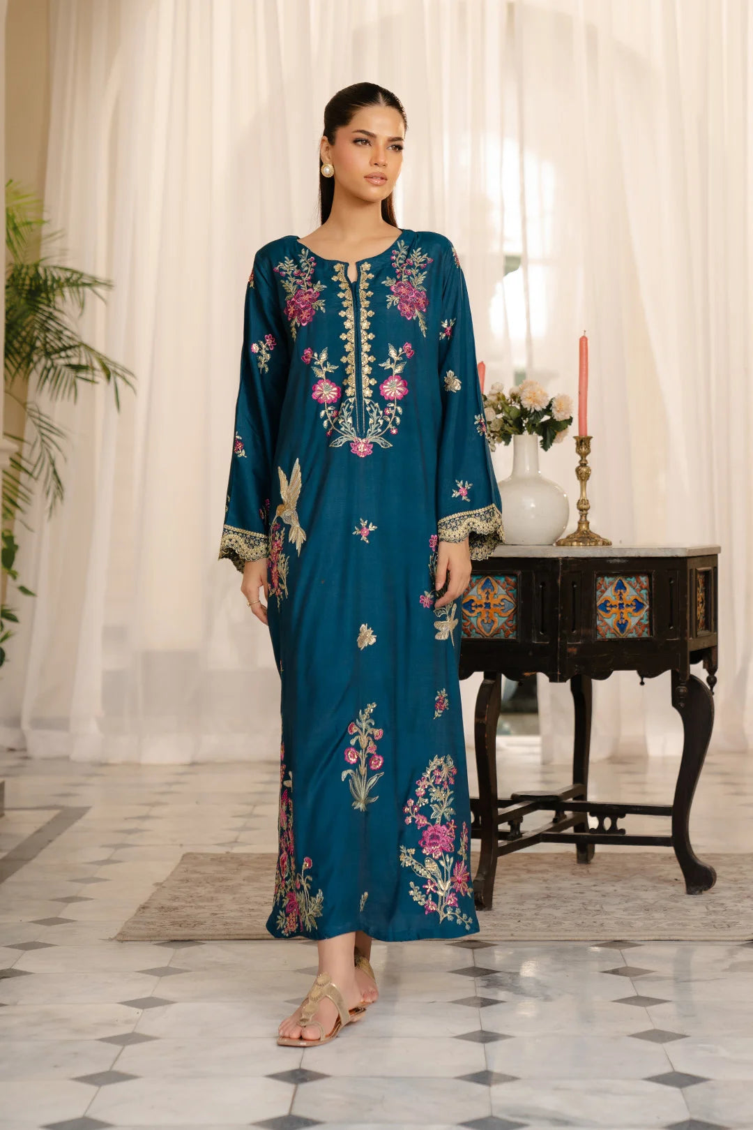 Teal Floral Embroidered Raw Silk Kaftan Ethnic Kaftan 2026 Teal Floral Embroidered Raw Silk Kaftan Ethnic Kaftan 2026