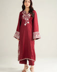 2 piece ready to wear raw silk suit deep red white resham embroidery festive 2026 Pakistan Beyond East pret