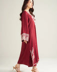 Ladies deep red raw silk 2 piece ready to wear suit full length festive evening Pakistan Beyond East 2026