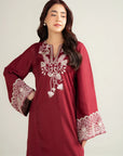 Women red embroidered raw silk 2 piece pret suit Eid wedding mehndi wear Pakistan Beyond East 2026