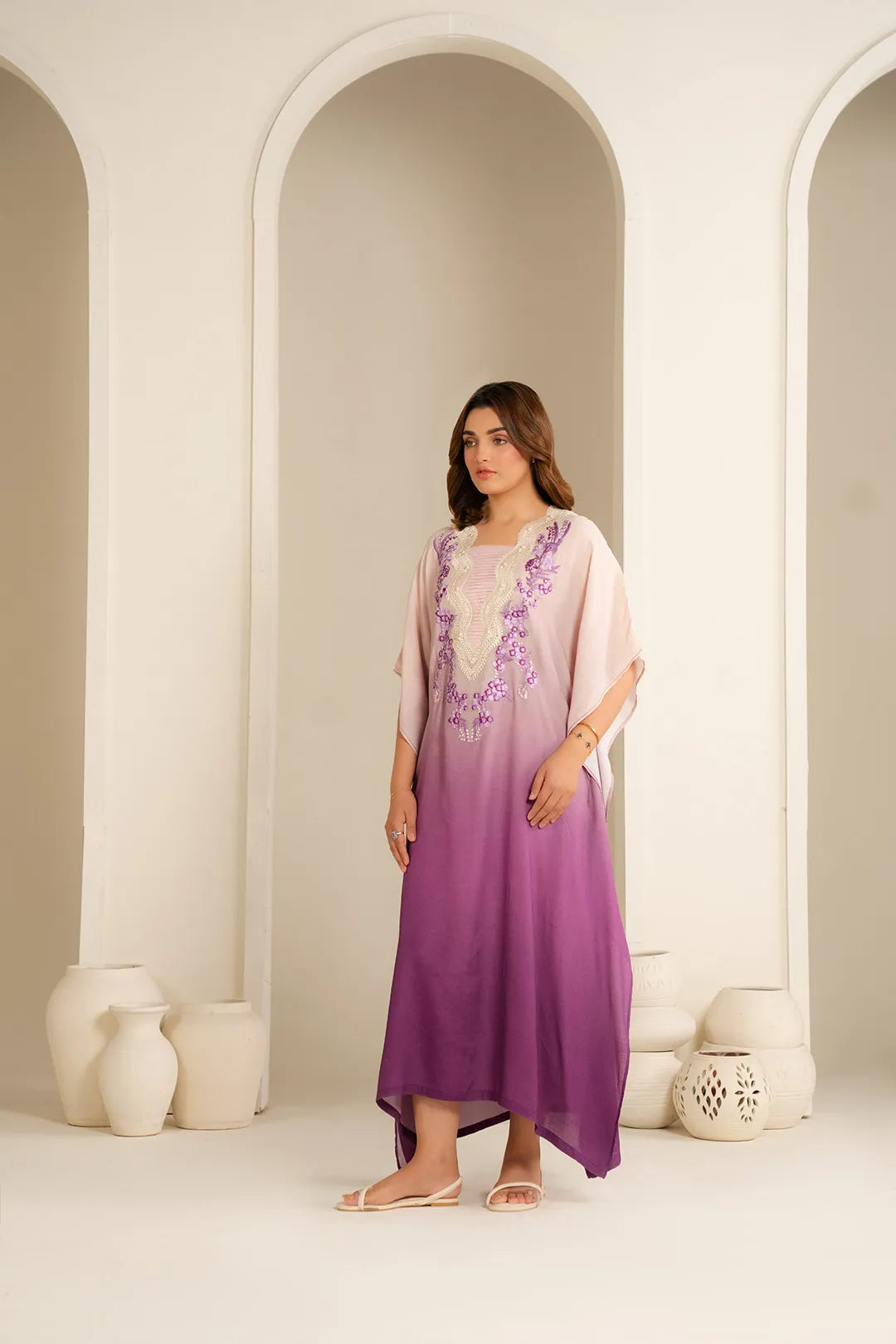 Embroidered silk kaftan dress from Beyond East pret winter collection