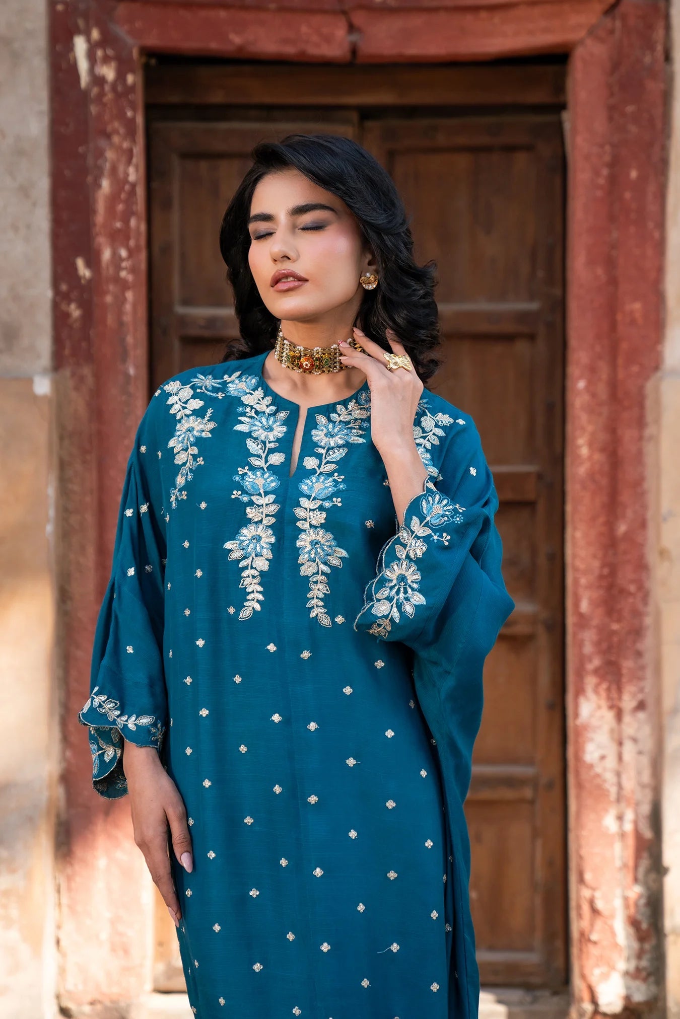1 Piece Embroidered Raw Silk Kaftan Pret SS - 25
