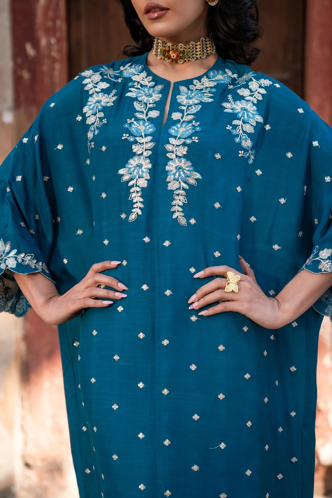 1 Piece Embroidered Raw Silk Kaftan Pret SS - 25