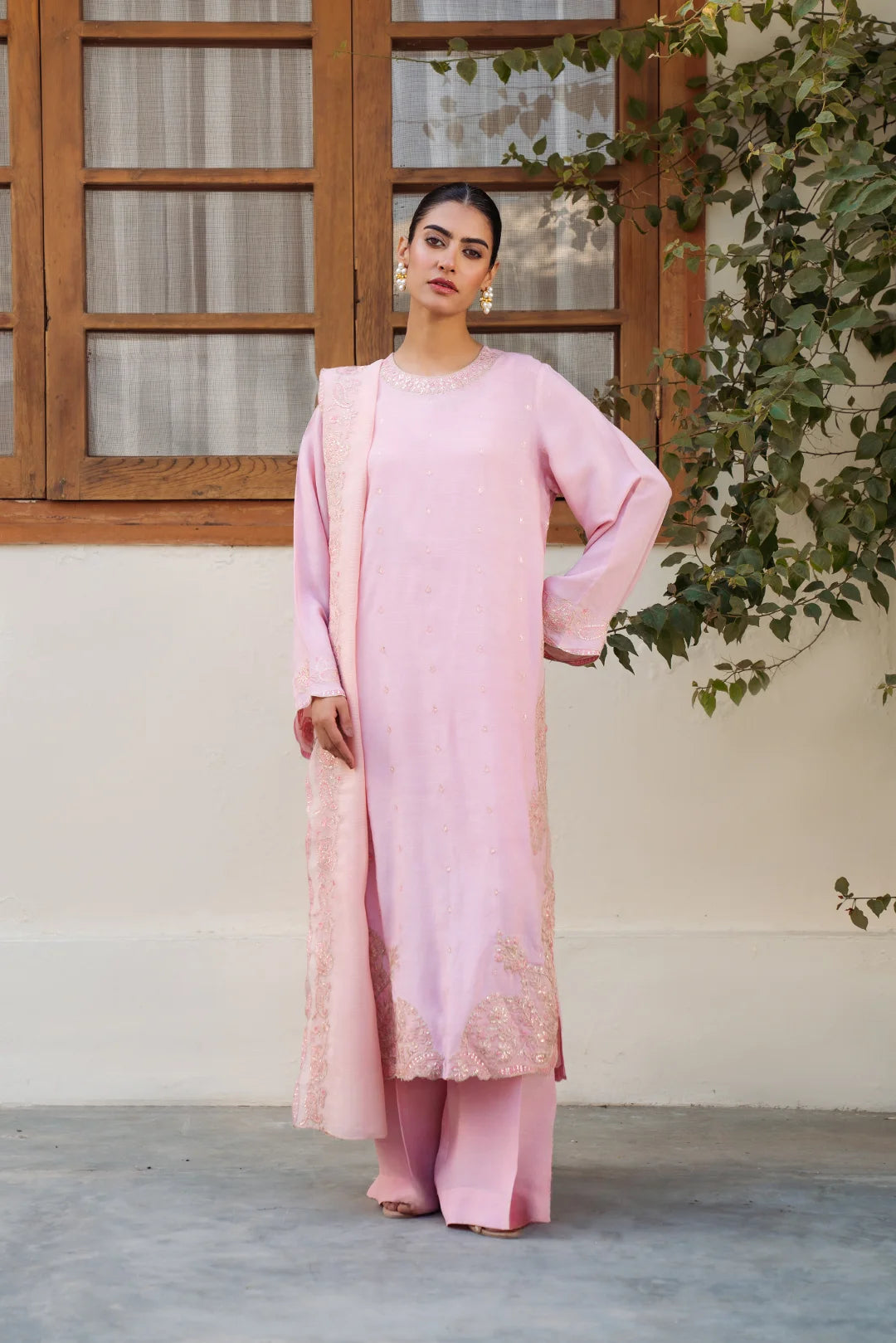 3 Piece Embroidered Raw Silk Suit Pret SS - 25