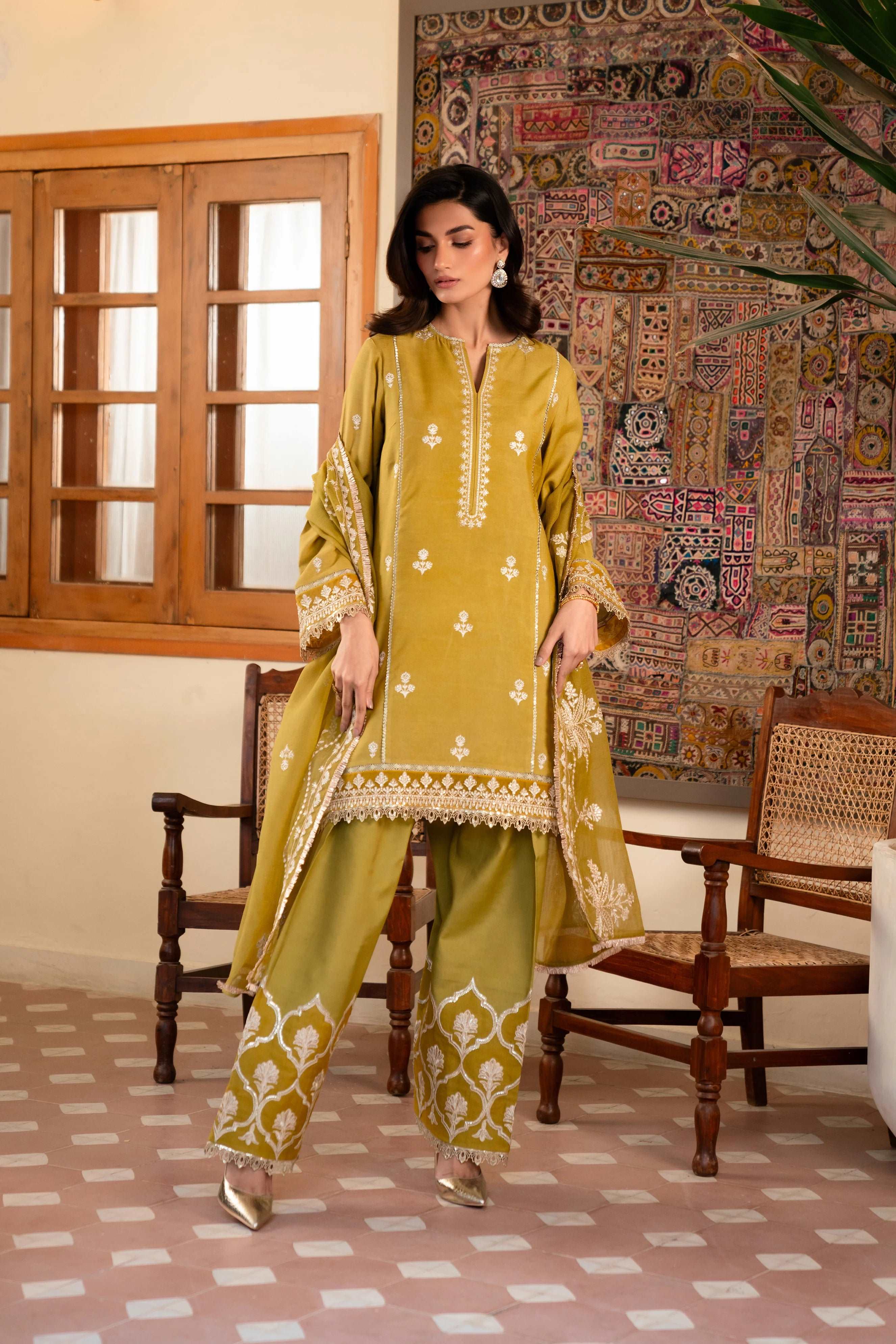3 Piece Embroidered Raw Silk Suit