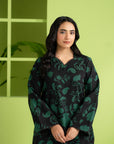 Unstitched summer linen suit with elegant black and green print, customizable Pakistani kurta shalwar fabric for women