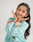 Girls aqua embroidered lawn suit detail - Pakistani tween fashion age 10-13 - floral print summer kurta trouser set
