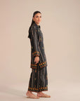 linen 2 piece suit black printed embroidery detail