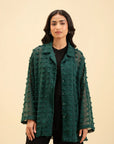 Dark green textured georgette shirt – stylish loose-fit button-down top for women.