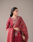Designer embroidered red jamawar suit for women – bridal party wear with fine craftsmanship and matching embroidered organza dupatta.