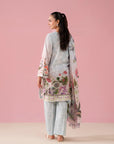 Designer sky pink 3-piece lawn suit with digital prints and embroidered organza border, tailored for women in Sargodha's elite neighborhoods like Aziz Bhatti Town Pakistan