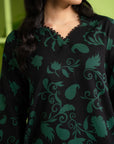 Designer unstitched black linen suit with green floral digital print, 2-piece fabric for Eid collection in Pakistan