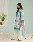Digital printed lawn suit with embroidered organza neckline and cambric trouser, perfect for summer wear in University Town Peshawar