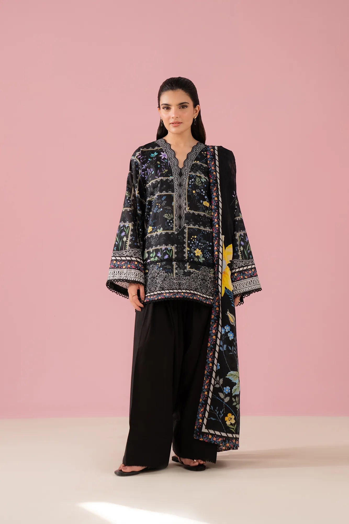 Doha 2 piece lawn unstitched suit – elegant black printed lawn shirt with voile dupatta, breathable unstitched ladies suit for summer wear