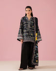 Doha 2 piece lawn unstitched suit – elegant black printed lawn shirt with voile dupatta, breathable unstitched ladies suit for summer wear