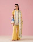 Dubai online lawn suits – yellow 3 piece printed lawn outfit with digital shirt, cambric trouser, and voile dupatta, stylish unstitched suits for women