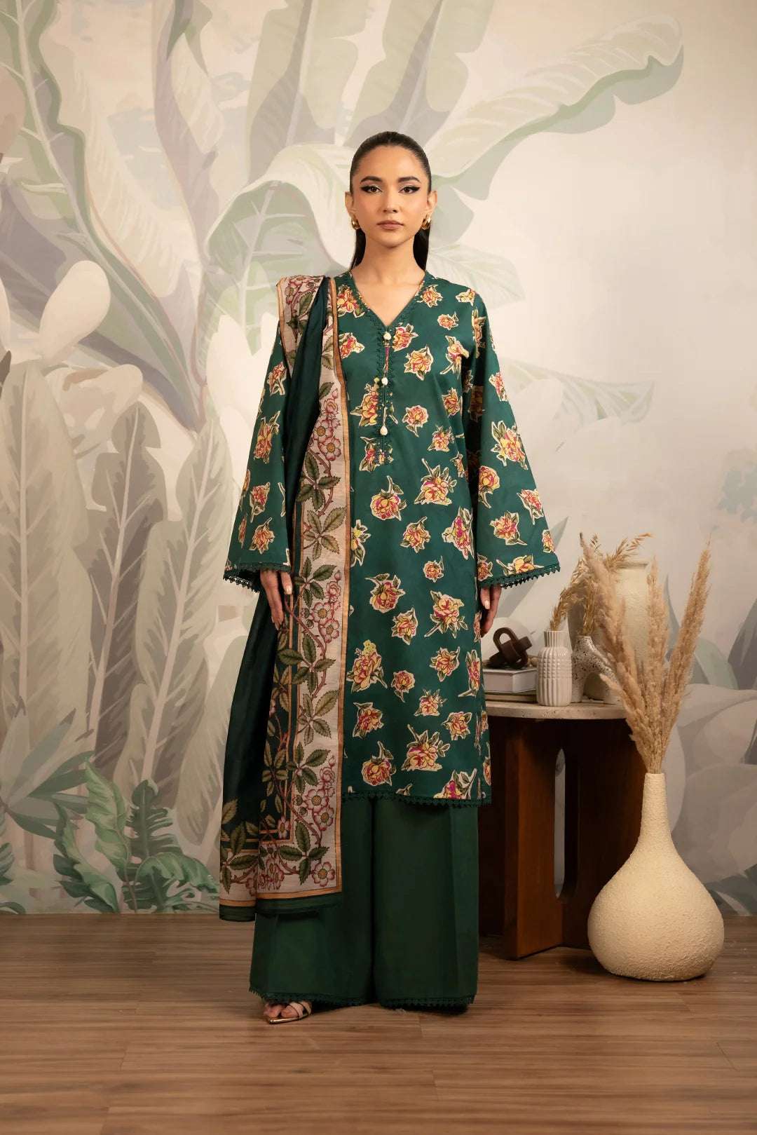 Elegant 2 piece printed lawn dress design in forest green, featuring a floral digital print and a matching monark dupatta with a classic border.