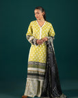 Elegant 3 Piece Lawn Suit - Olive Green & Black Dupatta: A stylish printed lawn suit featuring an olive green shirt with intricate chunri motifs, paired with cambric trousers and a printed monark dupatta.