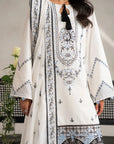 Elegant 3 piece unstitched lawn suit in black and white with detailed embroidery and lace.