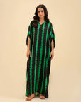 Elegant Black & Green Printed Crepe Kaftan – Stylish & Comfortable Maxi Dress