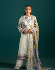 Elegant ash white lawn suit with delicate purple floral toile prints and a chiffon dupatta – a timeless lawn suit design for summer.